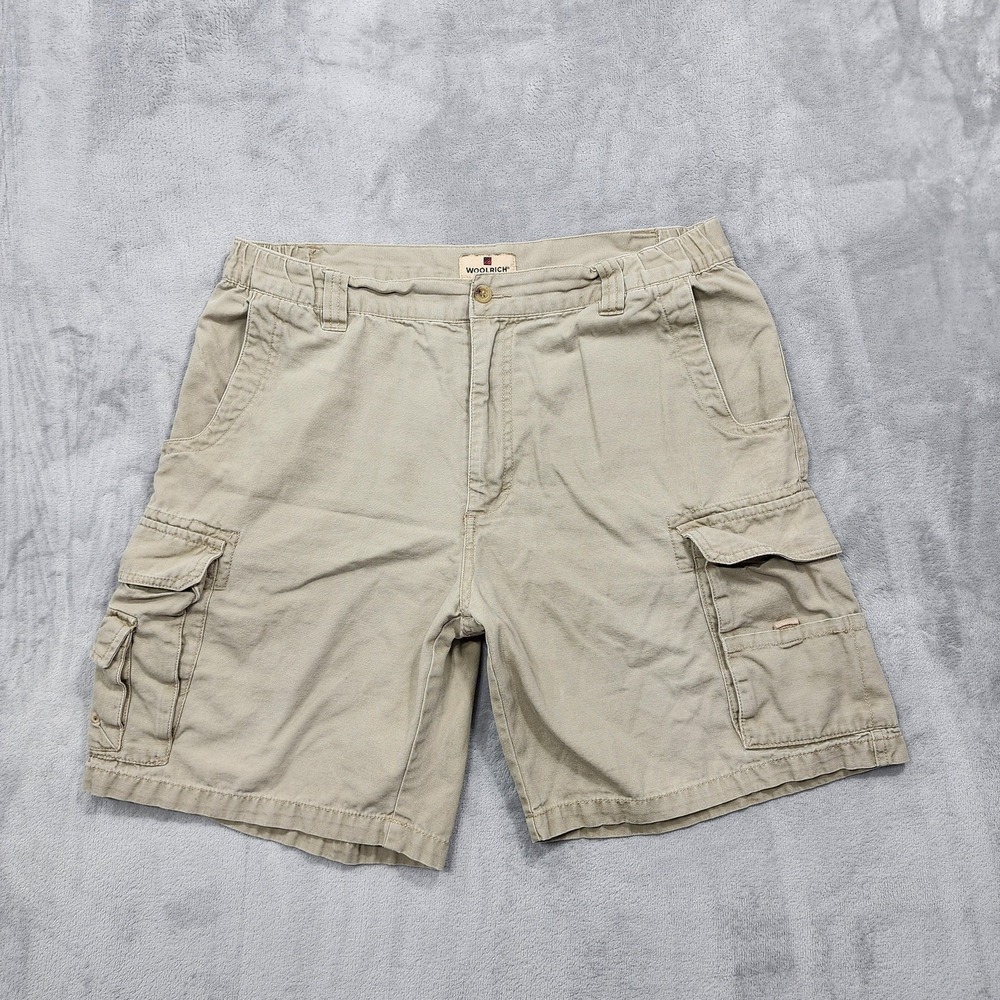 Woolrich Shorts Mens 36 Beige Cargo Canvas Elastic Waist Outdoor 8 Inseam Casual